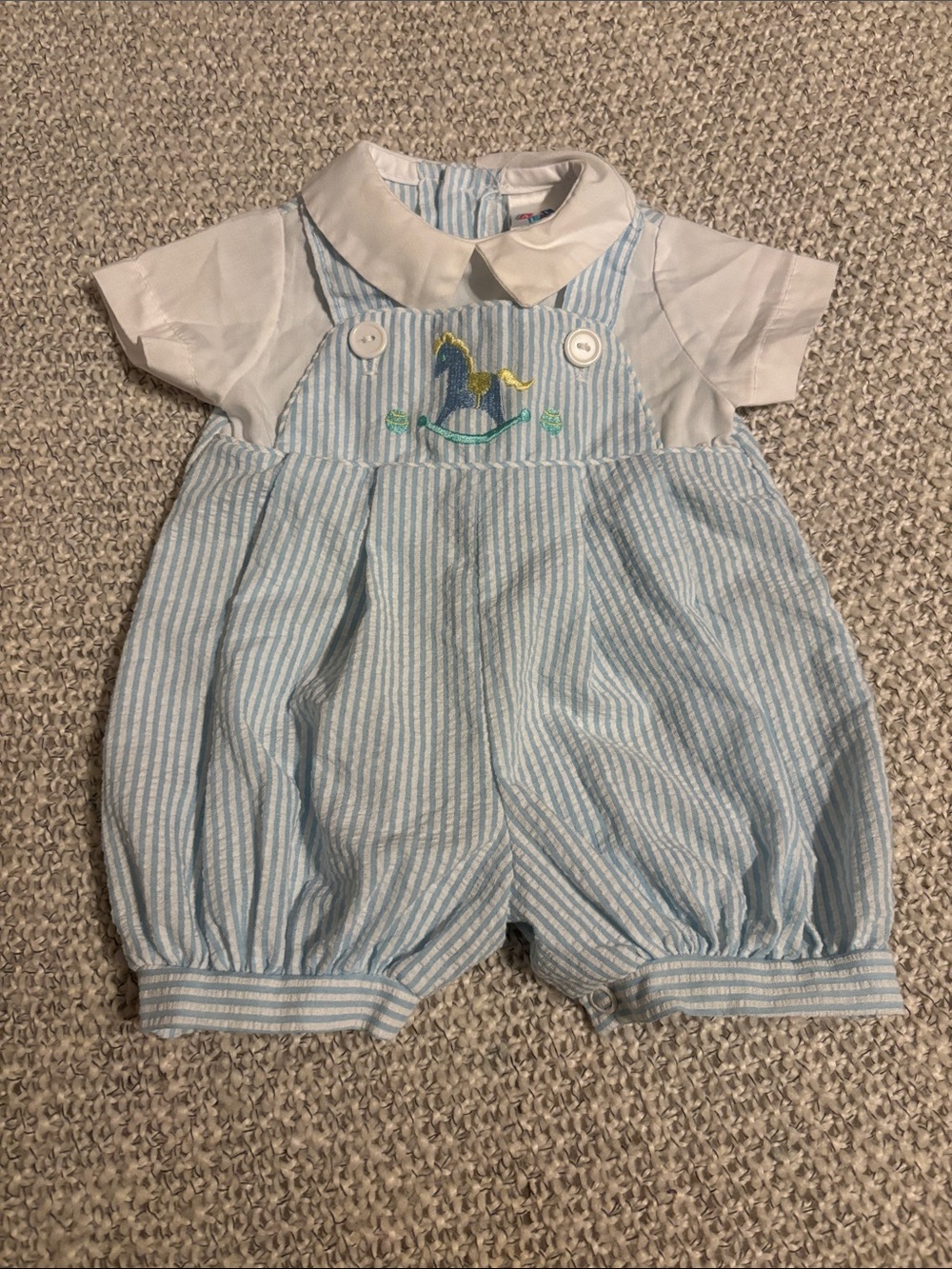 Vintage Blue Seersucker Romper with Stitched Rocking Horse USA Preemie 3-10lbs.